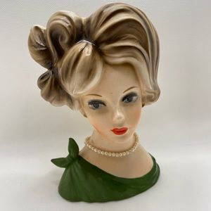Vintage Napcoware Lady Head Vase Blonde Hair Pearl Necklace Green Dress 7" H